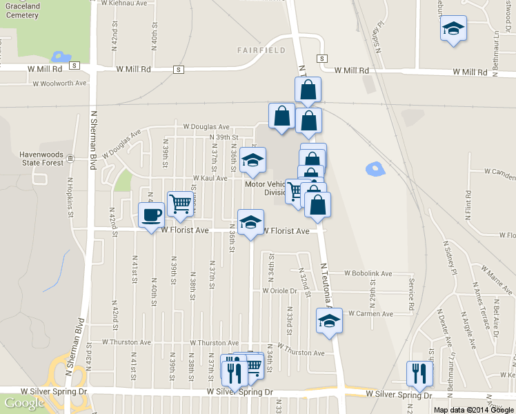 map of restaurants, bars, coffee shops, grocery stores, and more near 6046 North 35th Street in Milwaukee