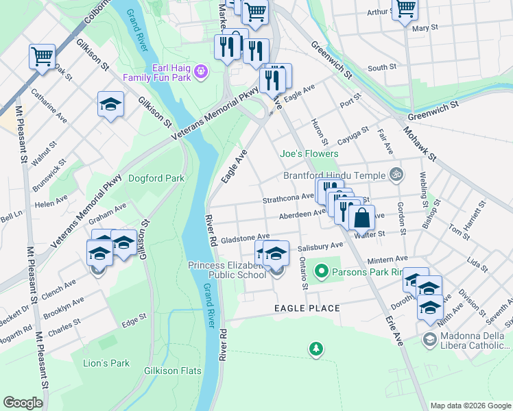 map of restaurants, bars, coffee shops, grocery stores, and more near 62 Strathcona Avenue in Brantford