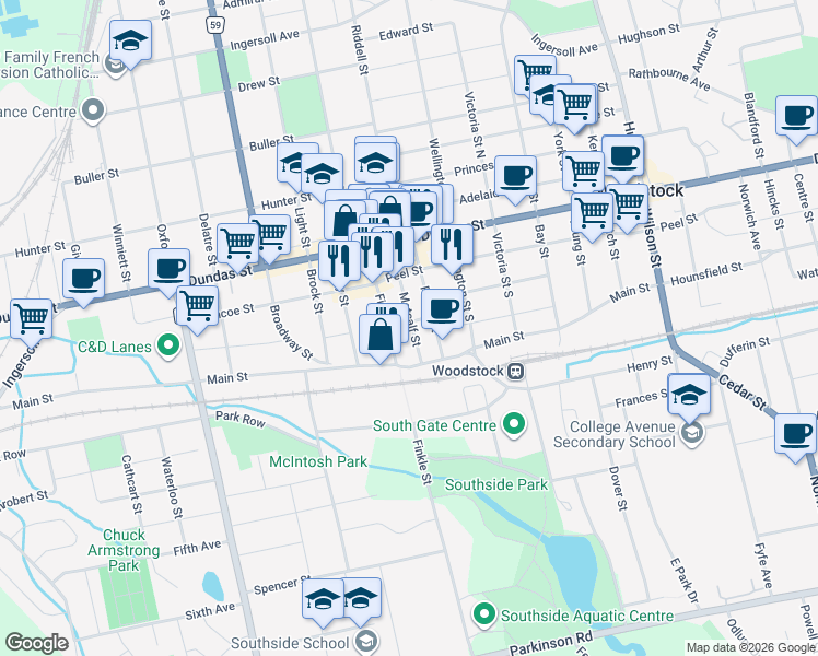 map of restaurants, bars, coffee shops, grocery stores, and more near 70 Metcalf Street in Woodstock