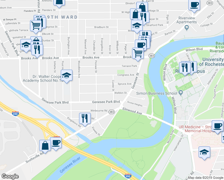 map of restaurants, bars, coffee shops, grocery stores, and more near 67 Custer Street in Rochester