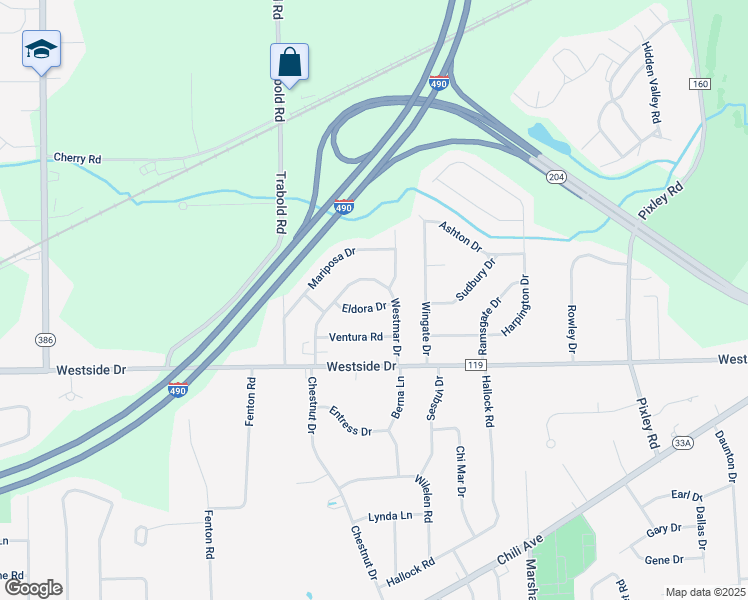 map of restaurants, bars, coffee shops, grocery stores, and more near 141 Westmar Drive in Rochester