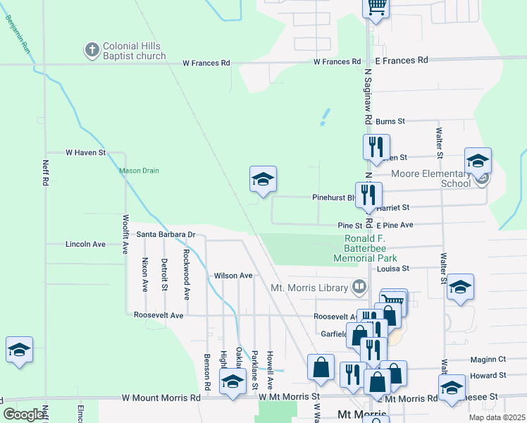 map of restaurants, bars, coffee shops, grocery stores, and more near 1013 Pinehurst Boulevard in Mount Morris