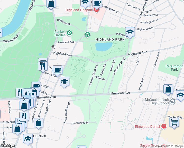 map of restaurants, bars, coffee shops, grocery stores, and more near 59 Meadowbrook Road in Rochester