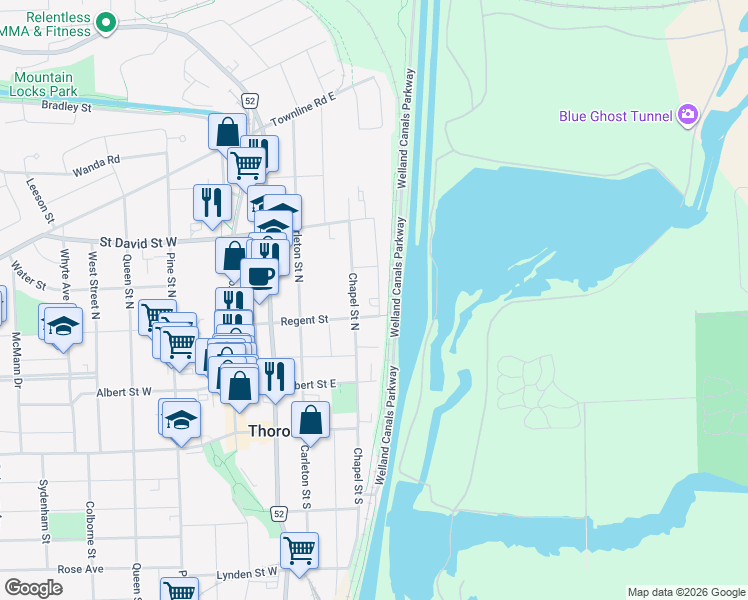 map of restaurants, bars, coffee shops, grocery stores, and more near 37 Wellington Street North in Thorold