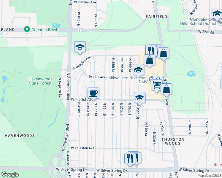 map of restaurants, bars, coffee shops, grocery stores, and more near 6043 North 38th Street in Milwaukee