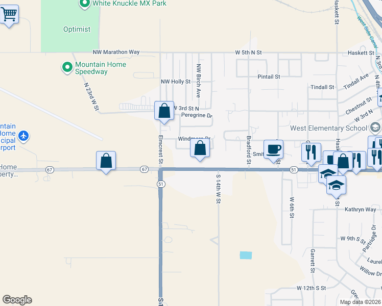 map of restaurants, bars, coffee shops, grocery stores, and more near 1500 Windmere Drive in Mountain Home