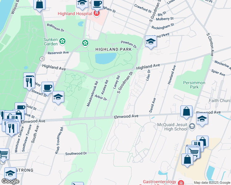 map of restaurants, bars, coffee shops, grocery stores, and more near 95 Laney Road in Rochester