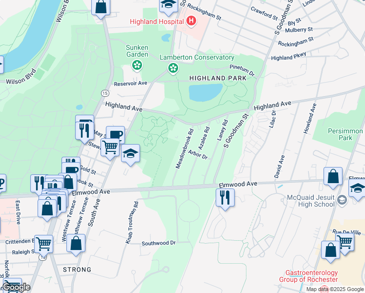 map of restaurants, bars, coffee shops, grocery stores, and more near 59 Meadowbrook Road in Rochester