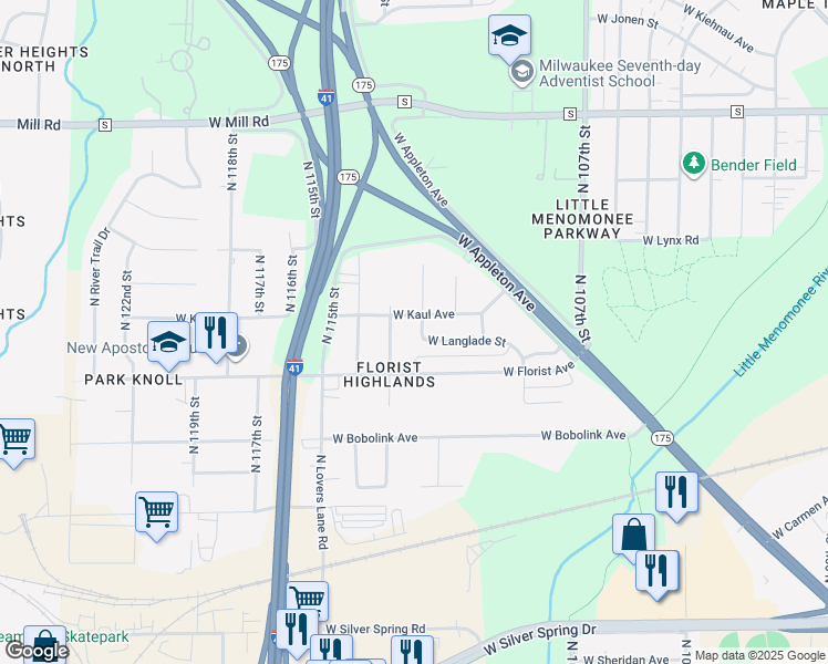 map of restaurants, bars, coffee shops, grocery stores, and more near 11129 West Kaul Avenue in Milwaukee