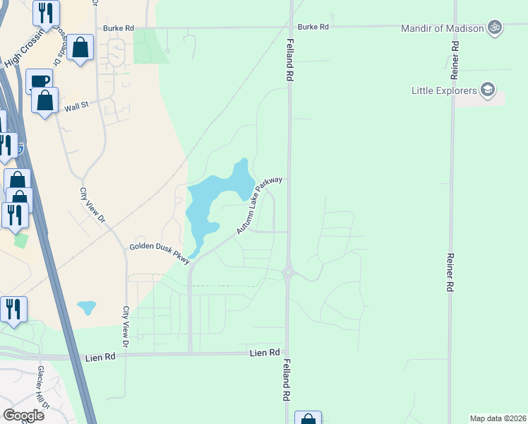 map of restaurants, bars, coffee shops, grocery stores, and more near 2209 Waterfall Way in Madison