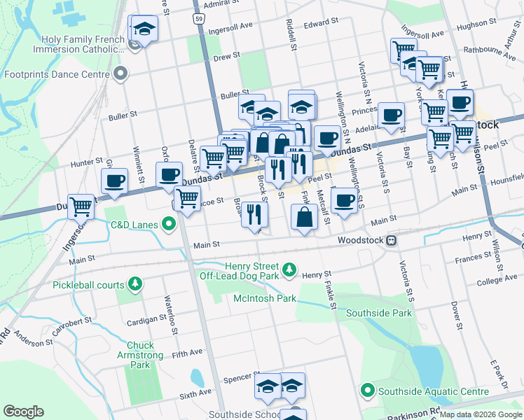 map of restaurants, bars, coffee shops, grocery stores, and more near 52 Brock Street in Woodstock