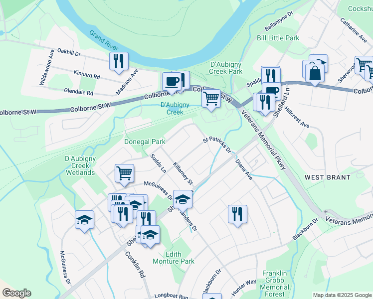 map of restaurants, bars, coffee shops, grocery stores, and more near 58 Saint Patricks Drive in Brantford