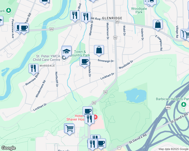 map of restaurants, bars, coffee shops, grocery stores, and more near 4 Wood Dale Drive in Saint Catharines