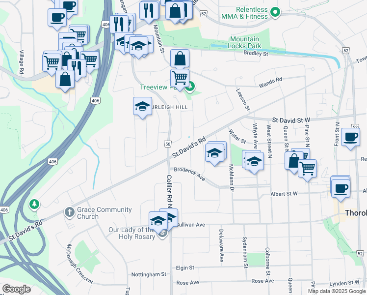 map of restaurants, bars, coffee shops, grocery stores, and more near 134 Saint David's Road in Saint Catharines