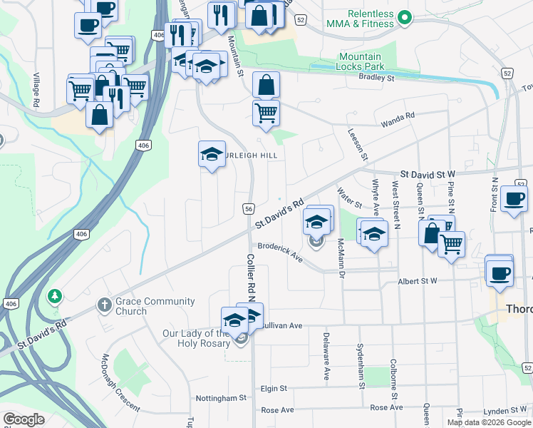 map of restaurants, bars, coffee shops, grocery stores, and more near 136 Saint David's Road in St. Catharines