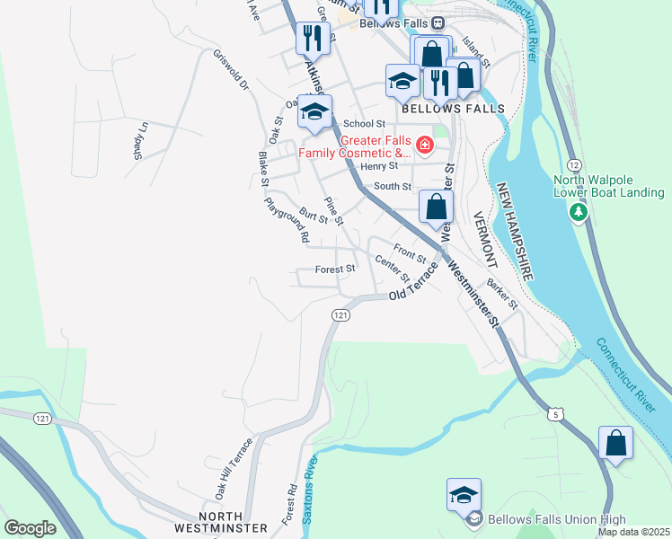 map of restaurants, bars, coffee shops, grocery stores, and more near Pleasant Street in Town of Rockingham
