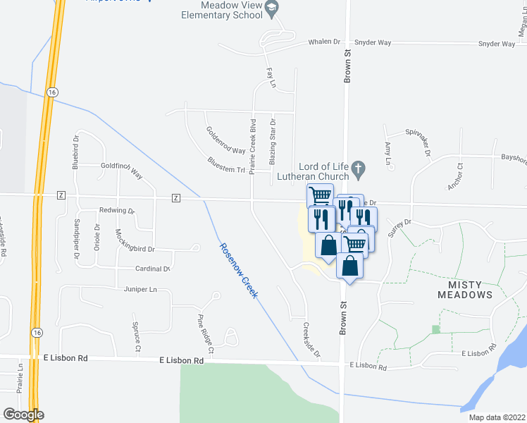 map of restaurants, bars, coffee shops, grocery stores, and more near 1255 Prairie Creek Boulevard in Oconomowoc