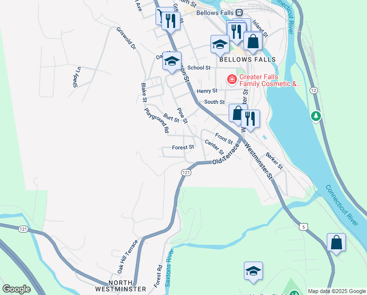 map of restaurants, bars, coffee shops, grocery stores, and more near Pleasant Street in Town of Rockingham