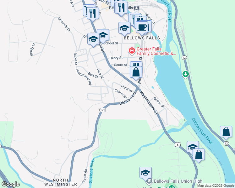 map of restaurants, bars, coffee shops, grocery stores, and more near 16 Center Street in Town of Rockingham