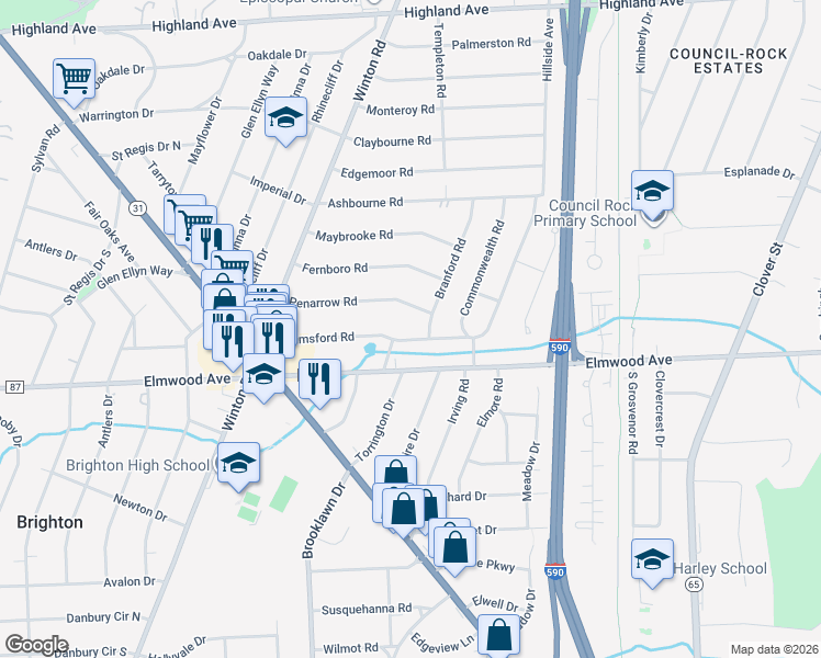 map of restaurants, bars, coffee shops, grocery stores, and more near 33 Branford Road in Rochester