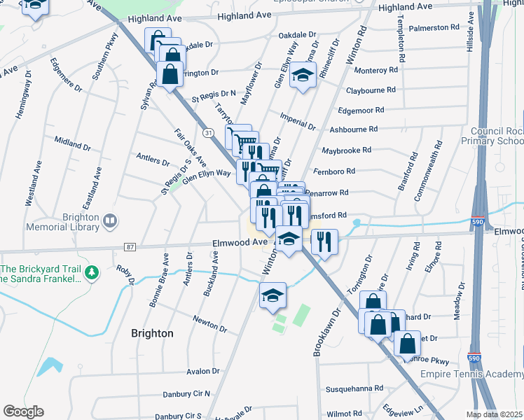 map of restaurants, bars, coffee shops, grocery stores, and more near 1829 Monroe Avenue in Rochester