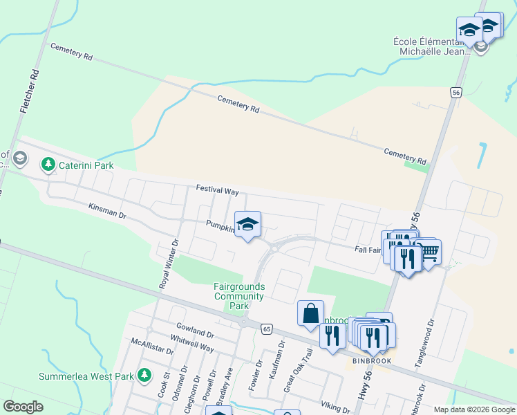 map of restaurants, bars, coffee shops, grocery stores, and more near 86 Fairgrounds Drive in Hamilton