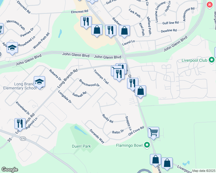 map of restaurants, bars, coffee shops, grocery stores, and more near 4172 Tommys Trail in Liverpool