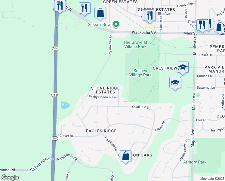 map of restaurants, bars, coffee shops, grocery stores, and more near N60W24585 Lynette Pass in Sussex