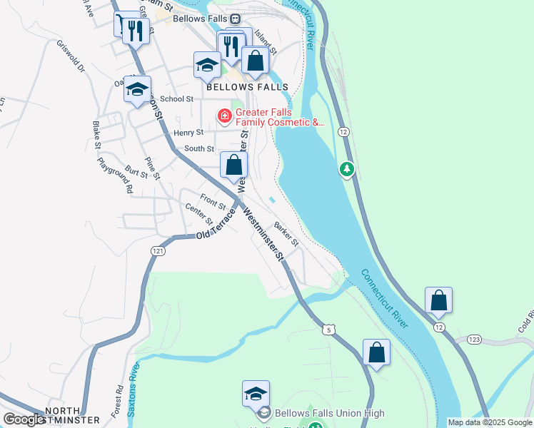map of restaurants, bars, coffee shops, grocery stores, and more near 19 Earle Street in Town of Rockingham
