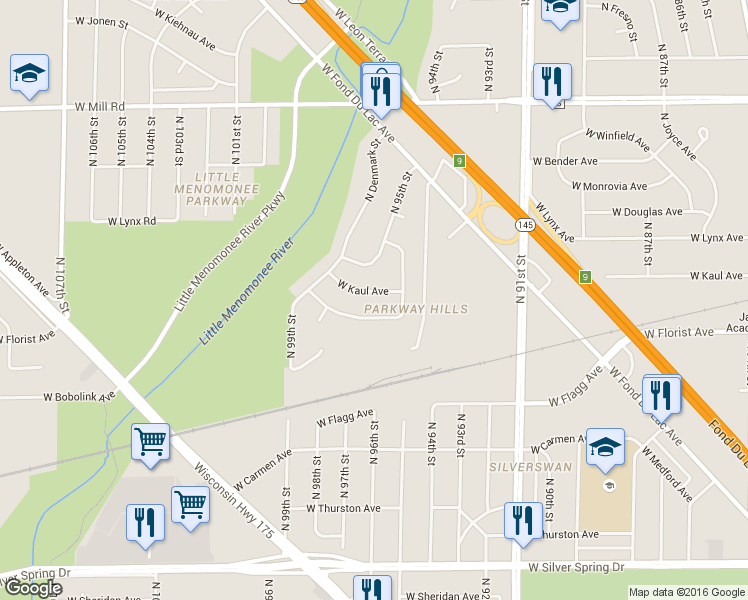 map of restaurants, bars, coffee shops, grocery stores, and more near 9537 West Kaul Avenue in Milwaukee