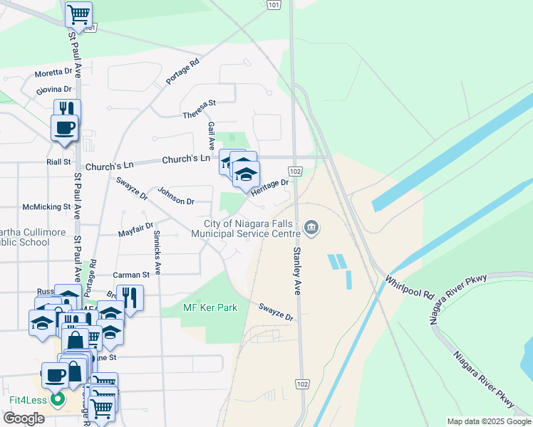 map of restaurants, bars, coffee shops, grocery stores, and more near 3065 Empire Place in Niagara Falls