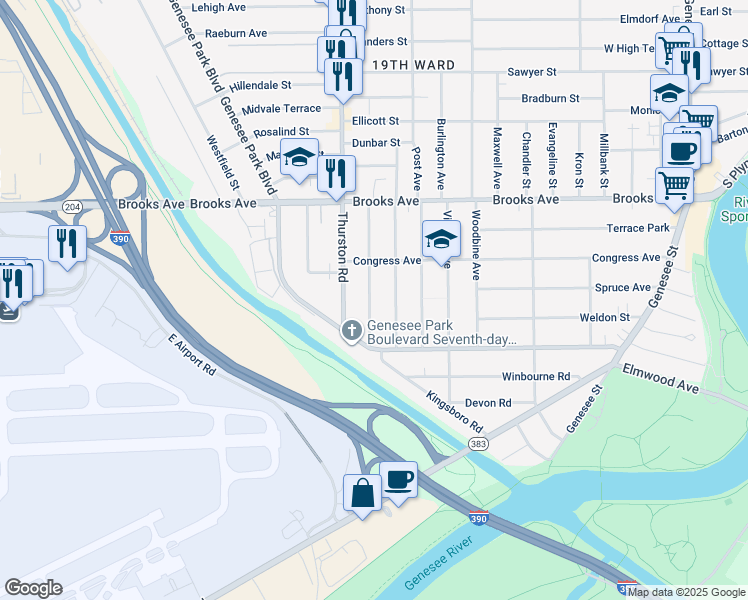 map of restaurants, bars, coffee shops, grocery stores, and more near 146 Fairview Avenue in Rochester