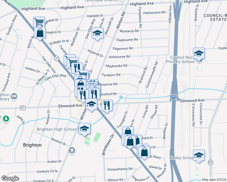 map of restaurants, bars, coffee shops, grocery stores, and more near 24 Chelmsford Road in Rochester