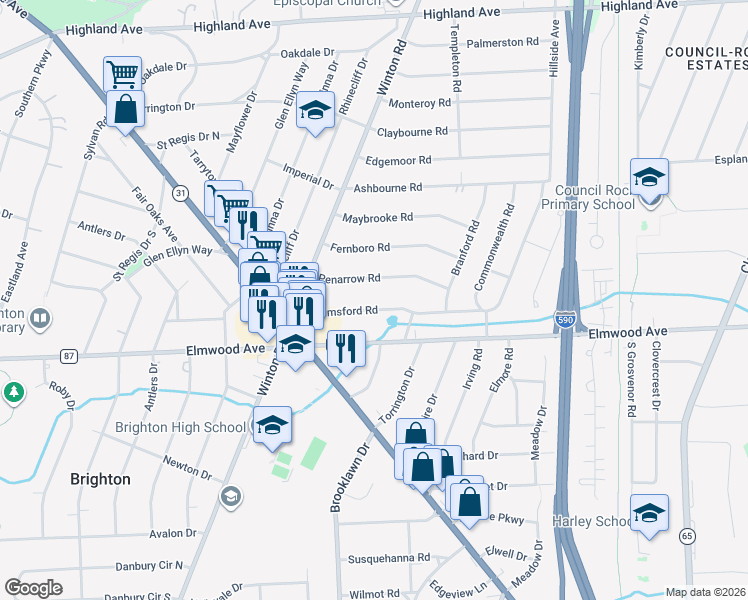 map of restaurants, bars, coffee shops, grocery stores, and more near 24 Chelmsford Road in Rochester