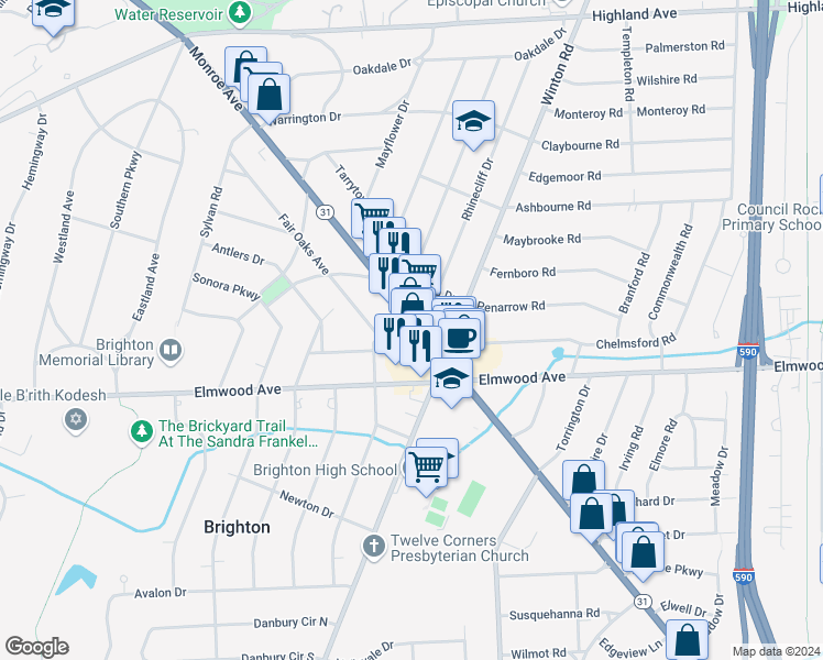 map of restaurants, bars, coffee shops, grocery stores, and more near 1829 Monroe Avenue in Rochester