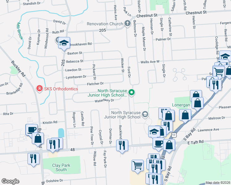 map of restaurants, bars, coffee shops, grocery stores, and more near 58 Homeland Road in Syracuse