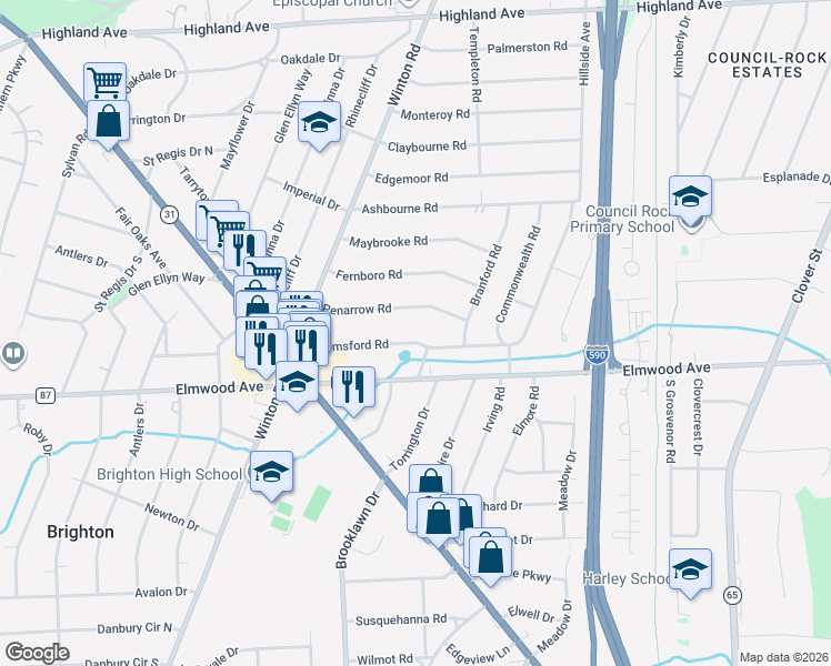 map of restaurants, bars, coffee shops, grocery stores, and more near 36 Chelmsford Road in Rochester