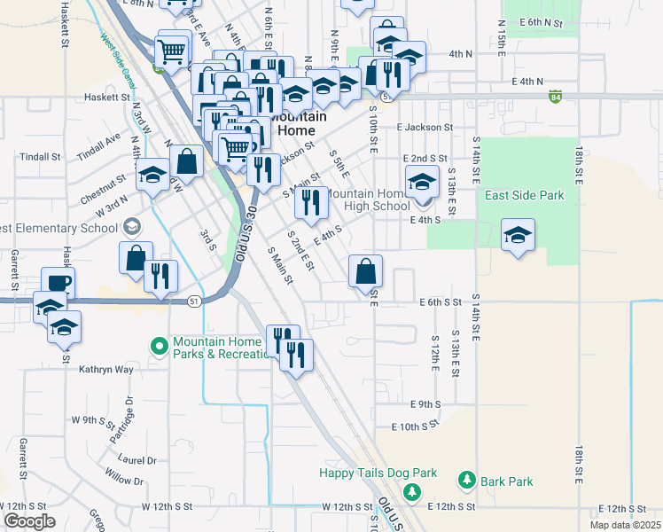 map of restaurants, bars, coffee shops, grocery stores, and more near 500 South 3rd East Street in Mountain Home