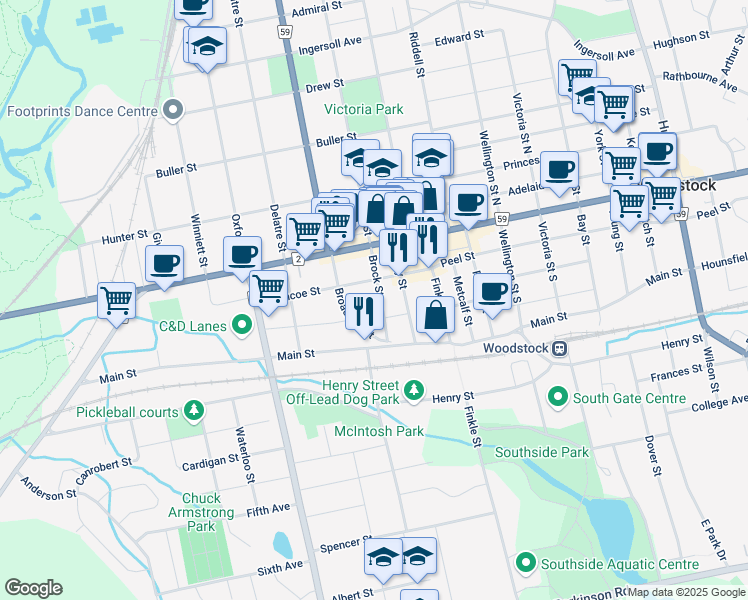 map of restaurants, bars, coffee shops, grocery stores, and more near 48 Brock Street in Woodstock