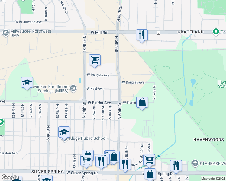 map of restaurants, bars, coffee shops, grocery stores, and more near 6052 North 61st Street in Milwaukee