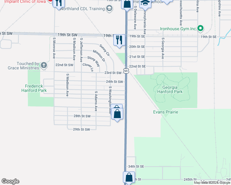 map of restaurants, bars, coffee shops, grocery stores, and more near 31 25th Street Southwest in Mason City