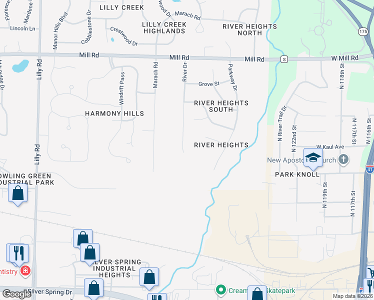 map of restaurants, bars, coffee shops, grocery stores, and more near 6082 River Drive in Menomonee Falls