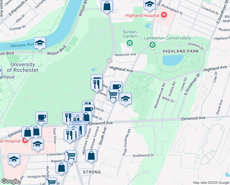 map of restaurants, bars, coffee shops, grocery stores, and more near 87 May Street in Rochester