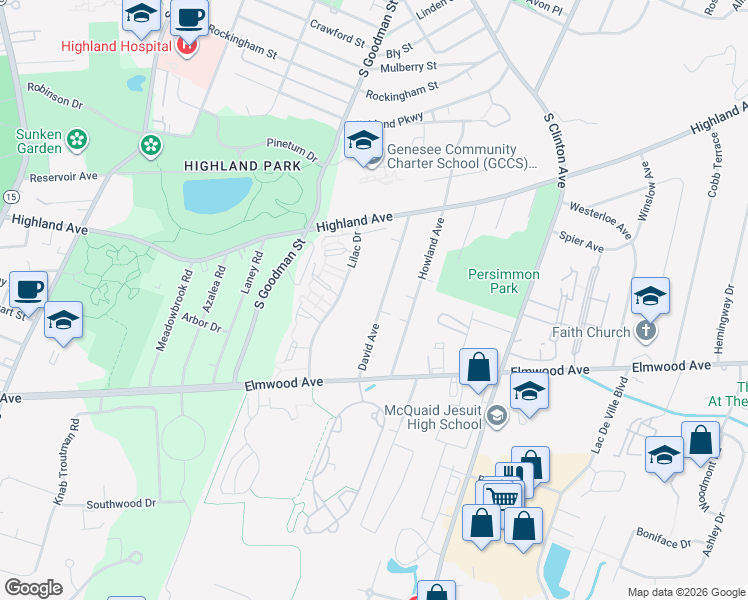 map of restaurants, bars, coffee shops, grocery stores, and more near 141 David Avenue in Rochester