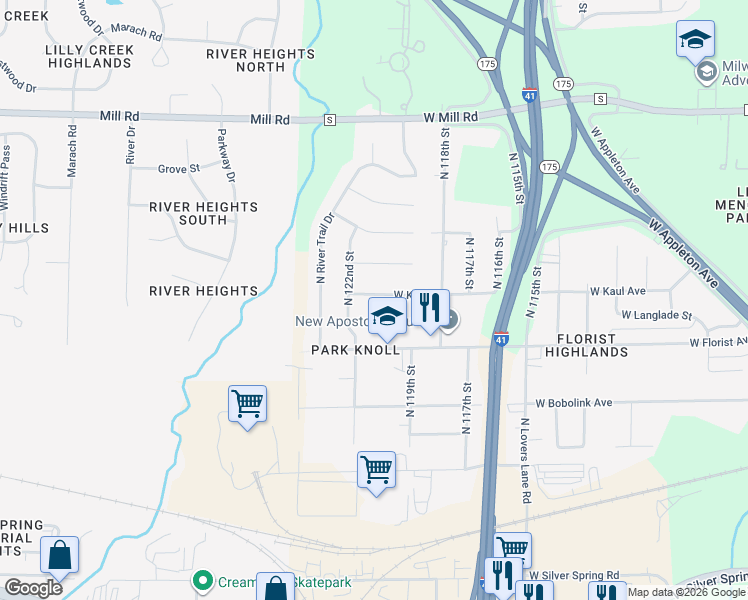 map of restaurants, bars, coffee shops, grocery stores, and more near 12013 West Kaul Avenue in Milwaukee