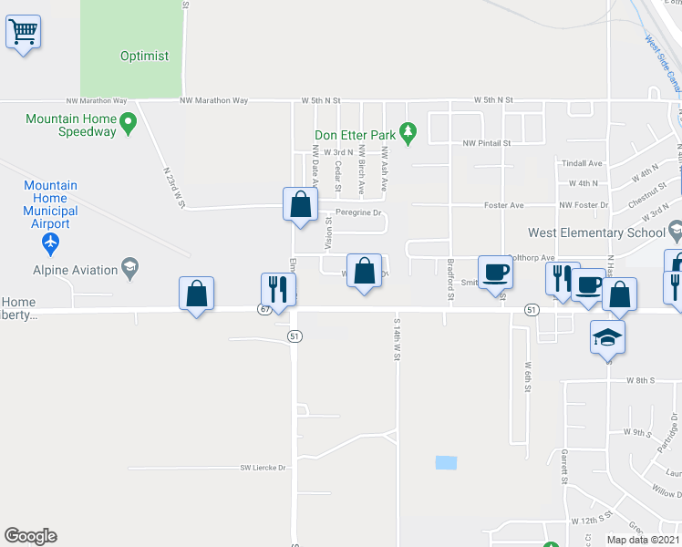 map of restaurants, bars, coffee shops, grocery stores, and more near Windmere Drive in Mountain Home