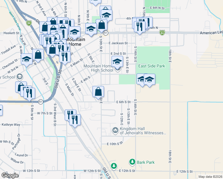 map of restaurants, bars, coffee shops, grocery stores, and more near 515 Samarra Drive in Mountain Home