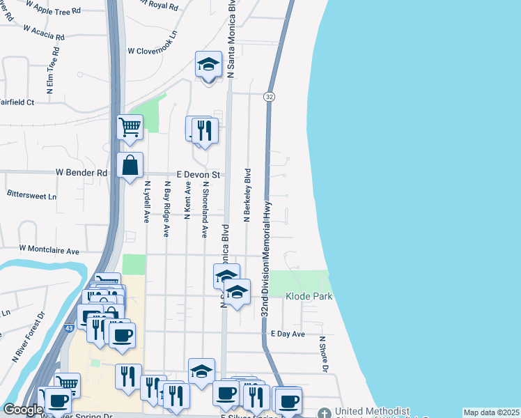 map of restaurants, bars, coffee shops, grocery stores, and more near 6113 North Lake Drive in Whitefish Bay