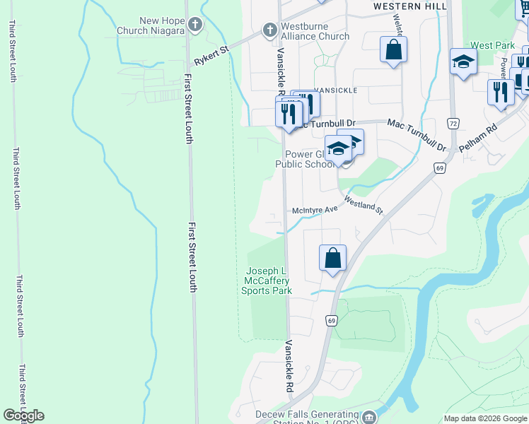 map of restaurants, bars, coffee shops, grocery stores, and more near 125 Vansickle Road in St. Catharines
