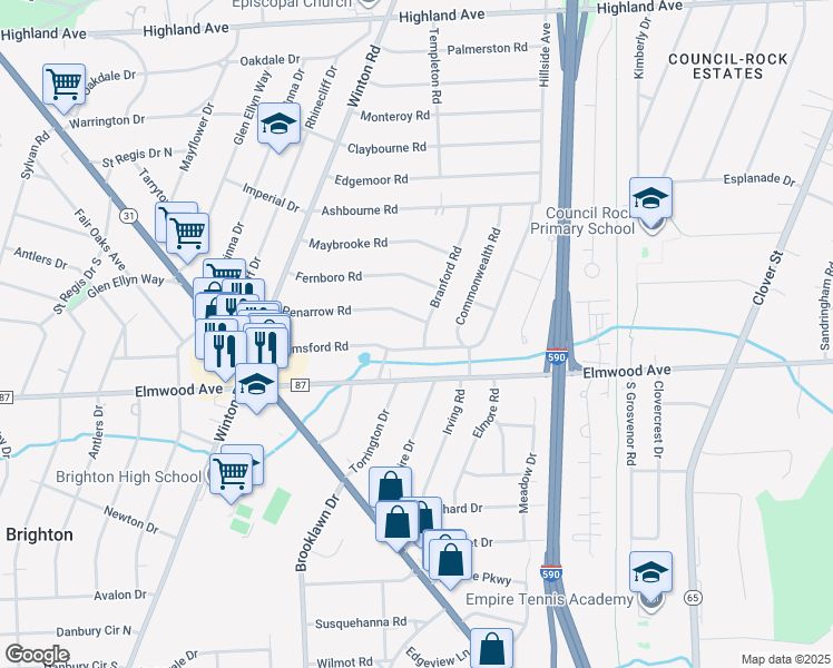 map of restaurants, bars, coffee shops, grocery stores, and more near 33 Branford Road in Rochester